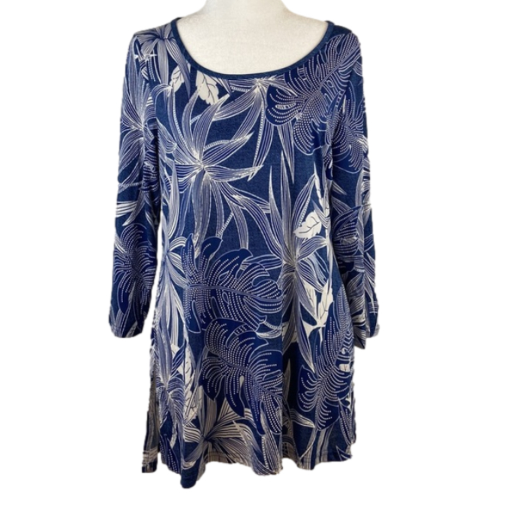 NEW Sophia A Navy Blue with White Tropical Flowers Stretch Tunic Size Large
